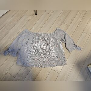 Womens 1X off the shoulder top shirt stripe white blue floral embroidery